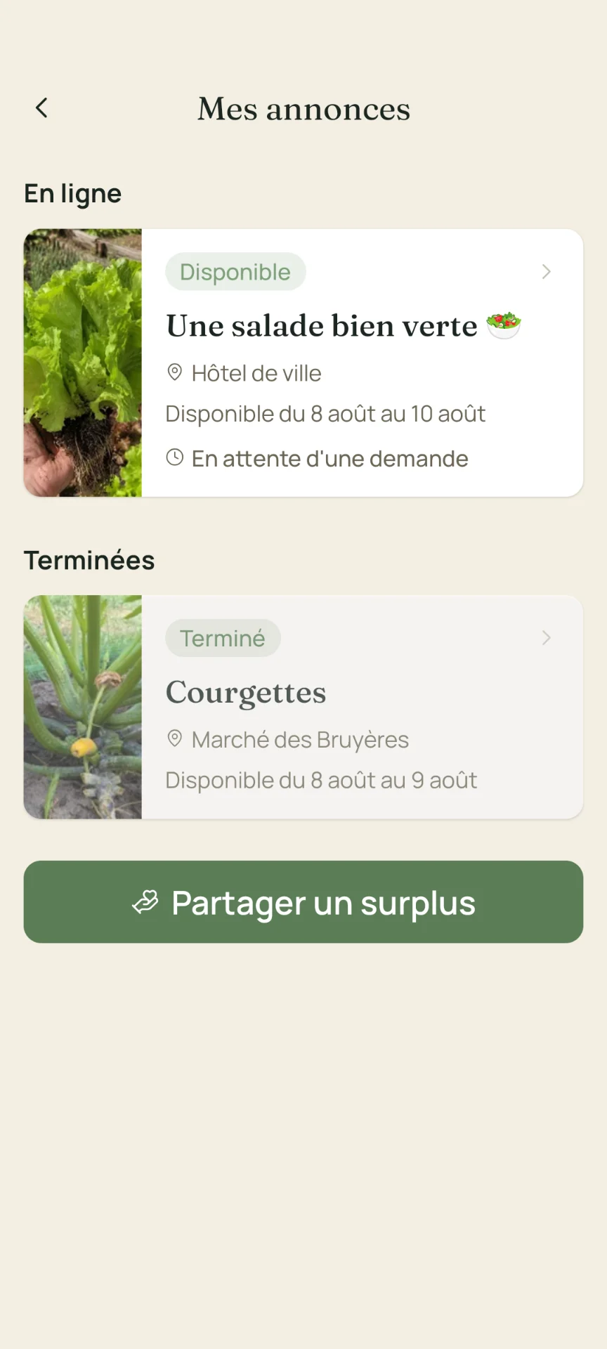 Écran « Mes annonces » de Sembeo avec le bouton « Partager un surplus ».