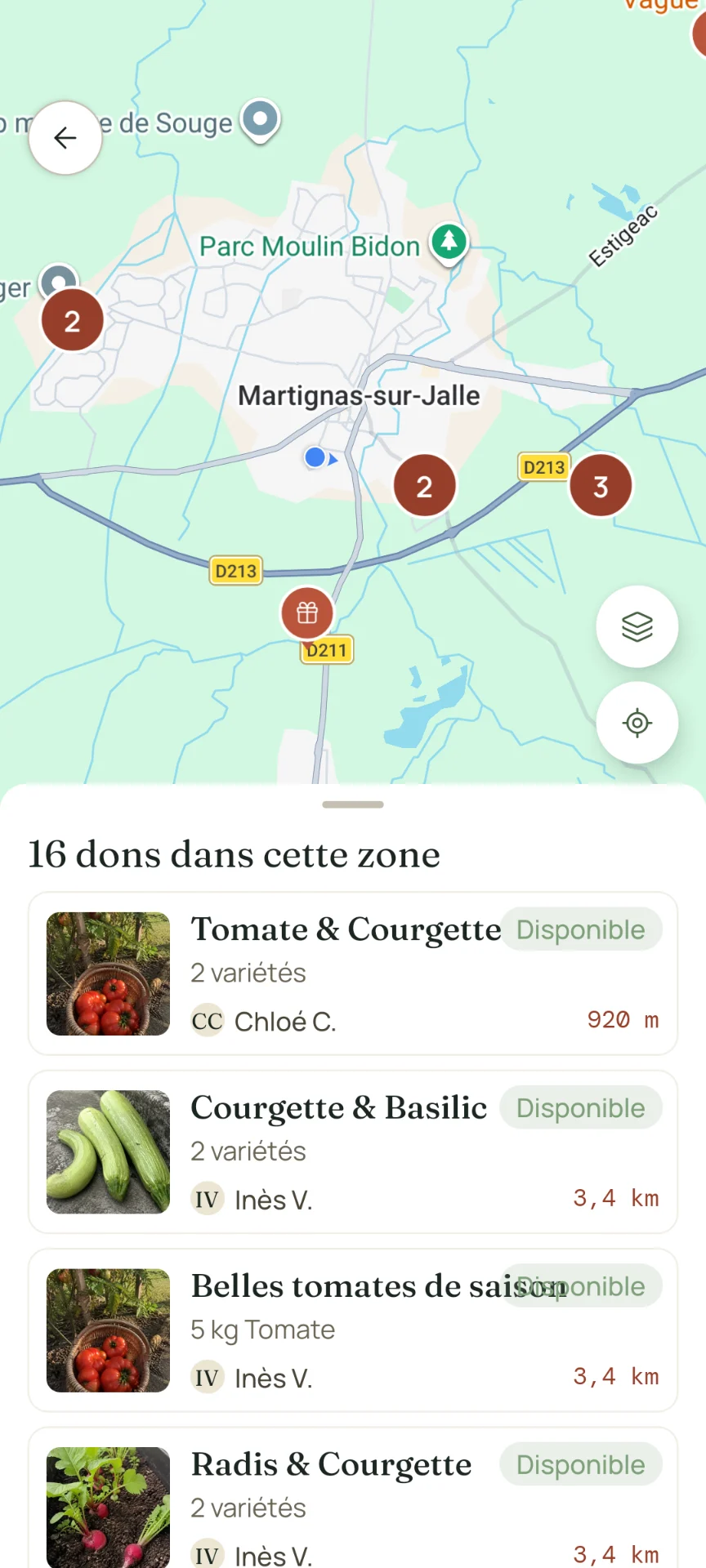 Carte des dons disponibles autour de soi dans Sembeo, avec les distances.