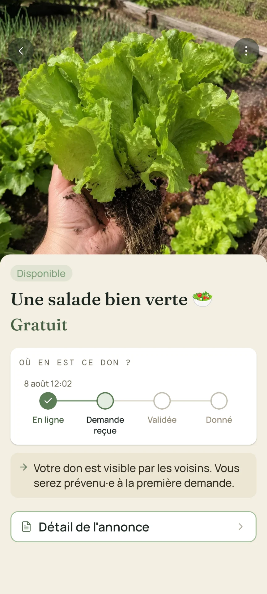 Détail d'un don dans Sembeo montrant les étapes : en ligne, demande reçue, validée, donné.